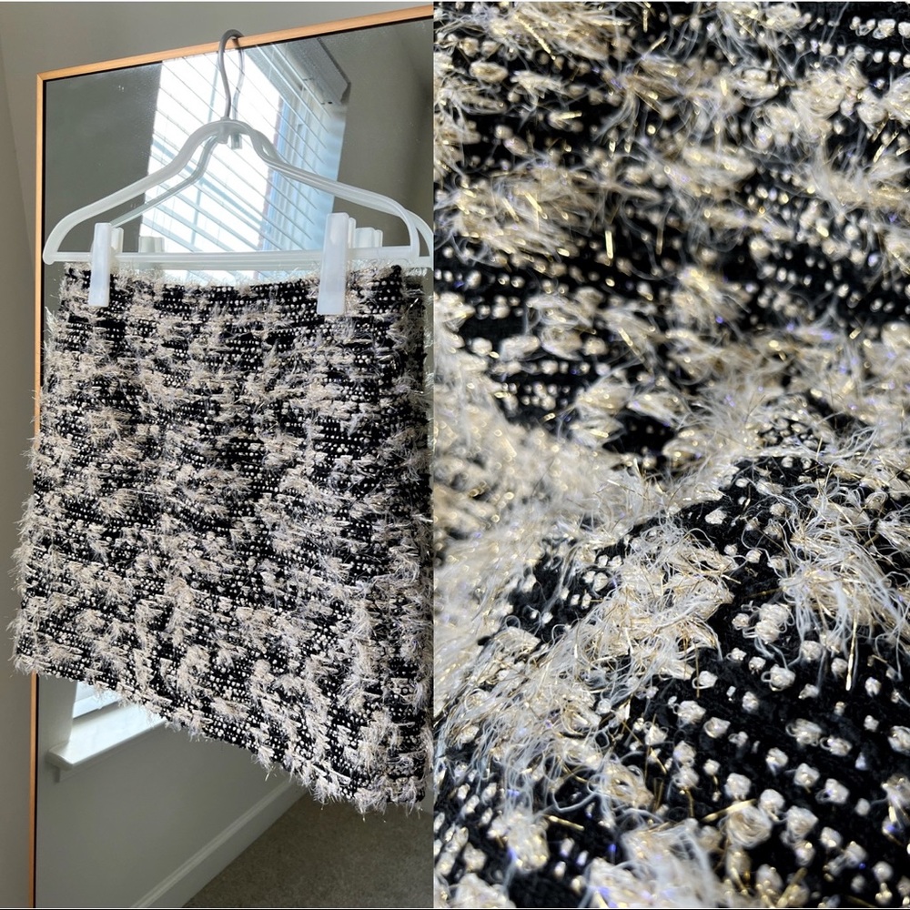 NWOT🔖Silver Grey French Tweed A-line Skirt Silk Wool Hand Crafted Metallic